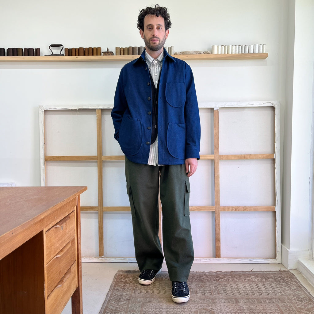 Indigo Cotton Linen Herringbone Twill Chore Coat