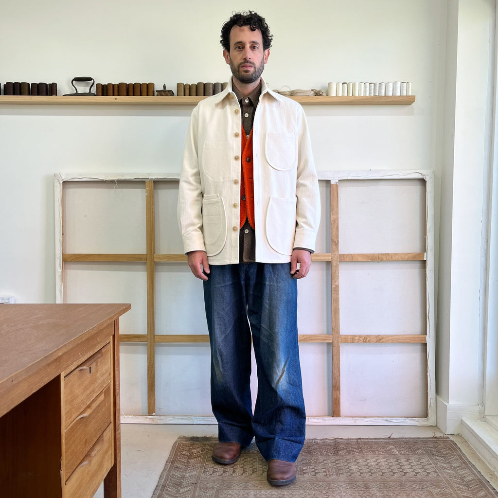 Cream Cotton Linen Herringbone Twill Chore Coat