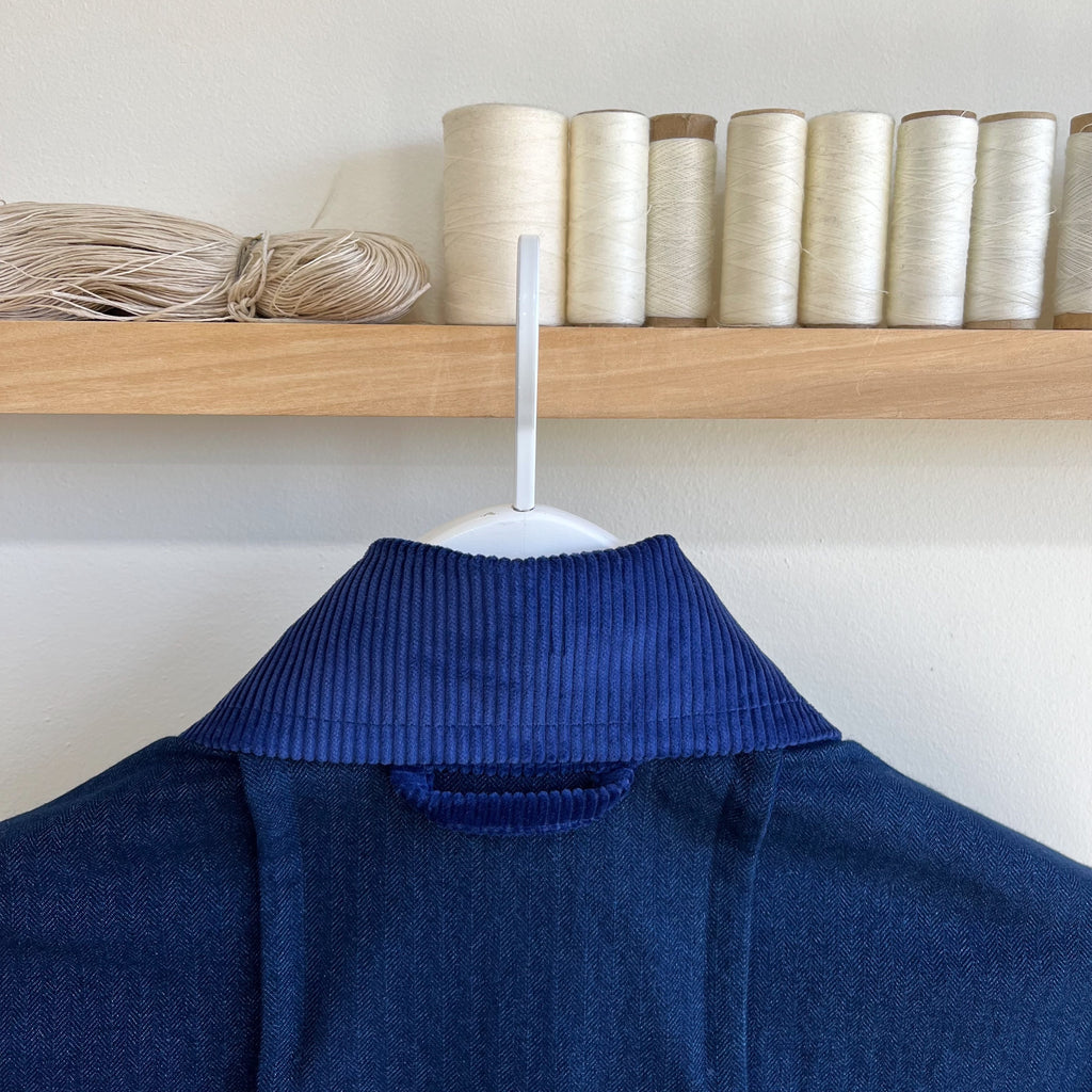 Indigo Cotton and Linen Herringbone Twill Field Jacket