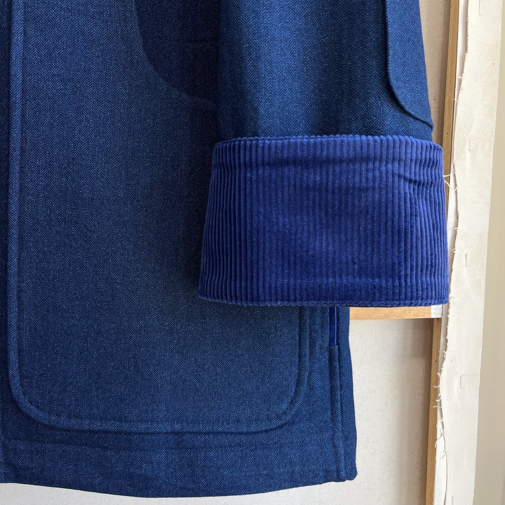 Indigo Cotton and Linen Herringbone Twill Field Jacket