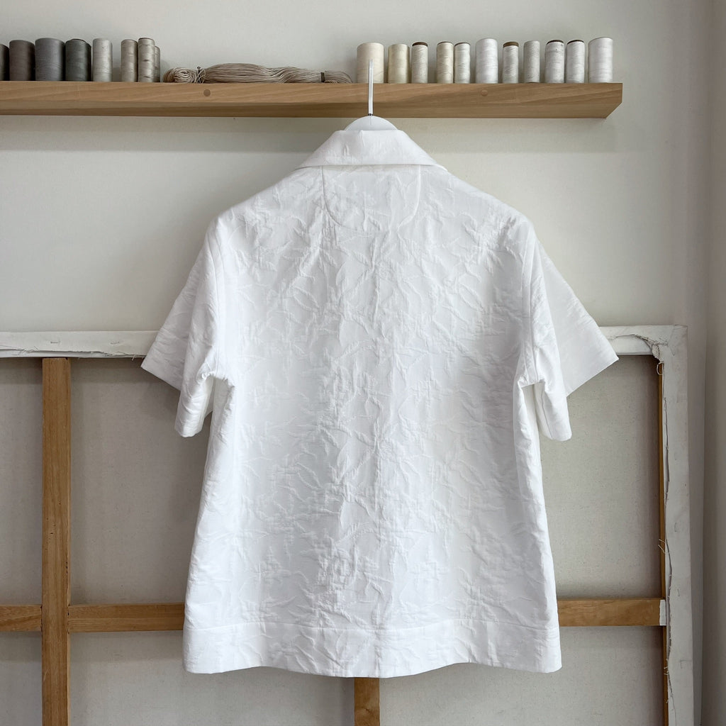 White Floral Cotton Jacquard Camp Shirt