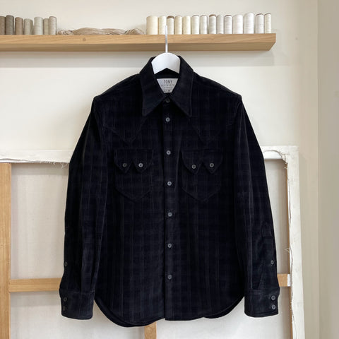 Deadstock Black Plaid Corduroy Sawtooth Western Shirt
