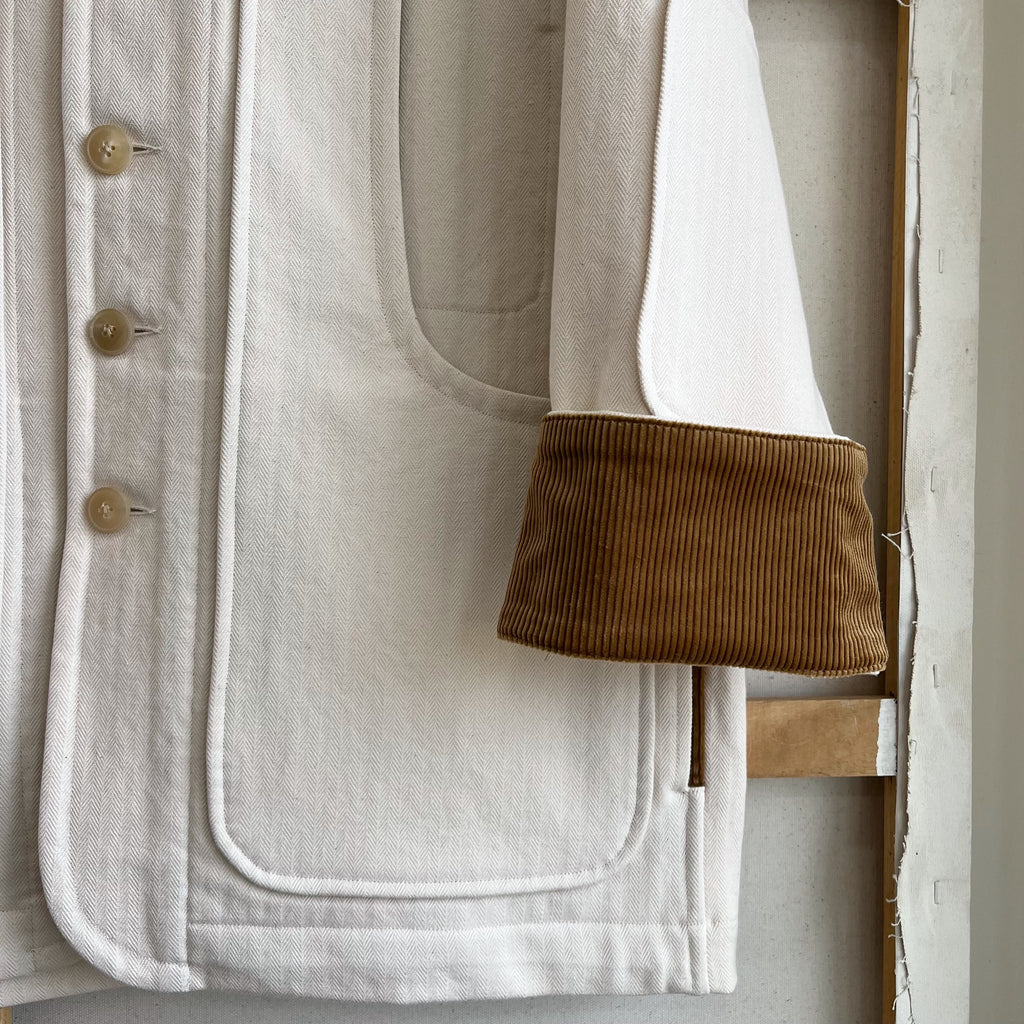 Cream Cotton and Linen Herringbone Twill Field Jacket