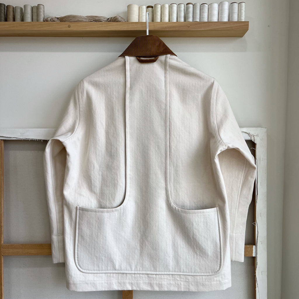 Cream Cotton and Linen Herringbone Twill Field Jacket