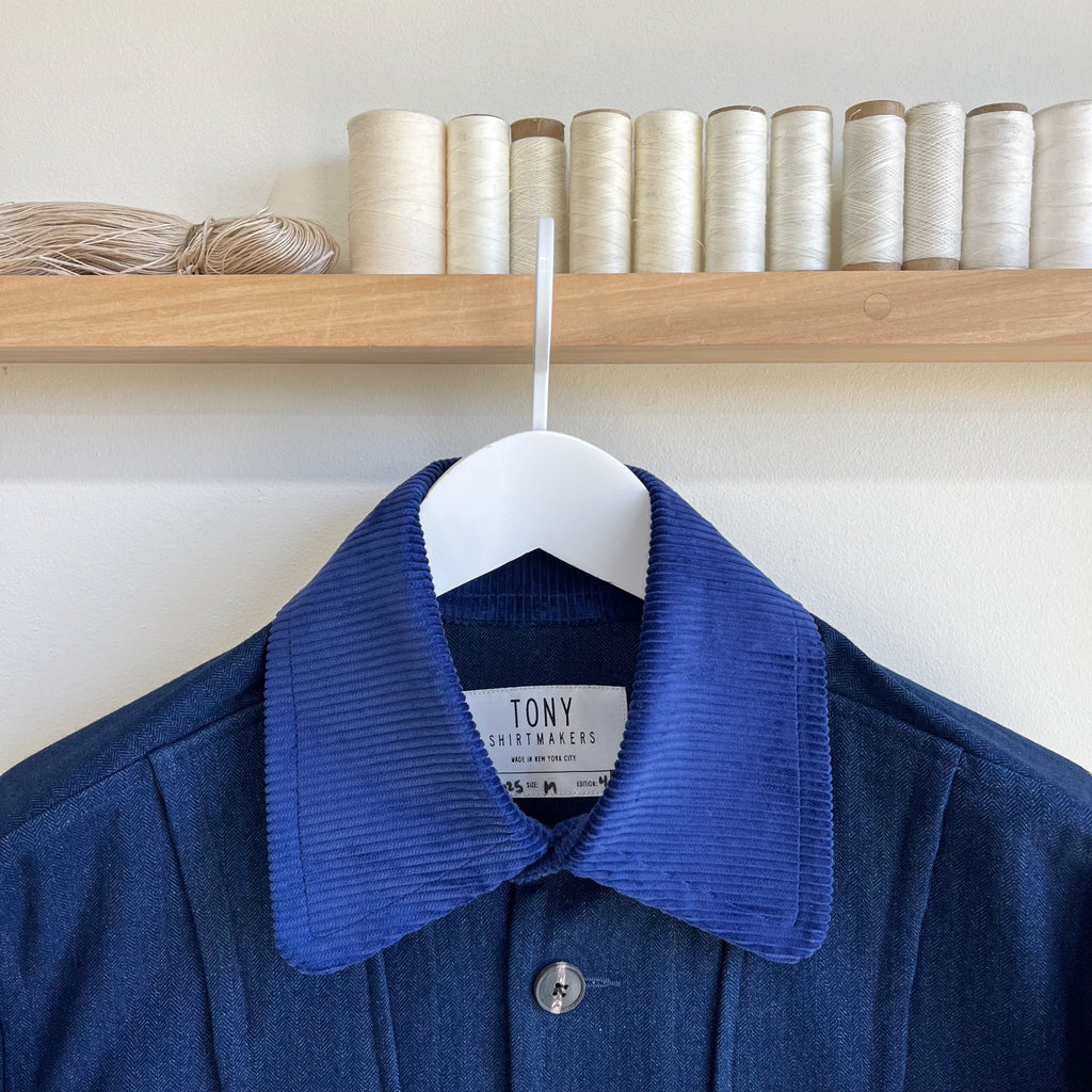 Indigo Cotton and Linen Herringbone Twill Field Jacket