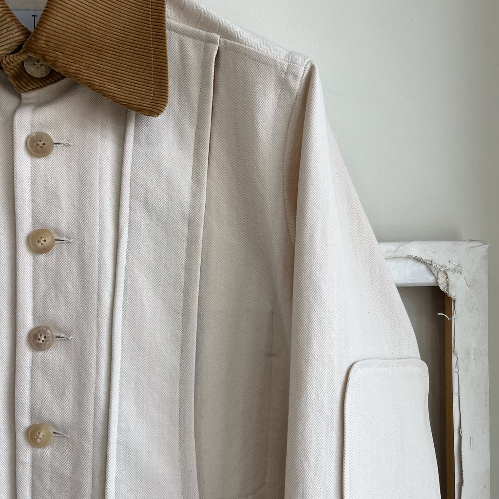 Cream Cotton and Linen Herringbone Twill Field Jacket