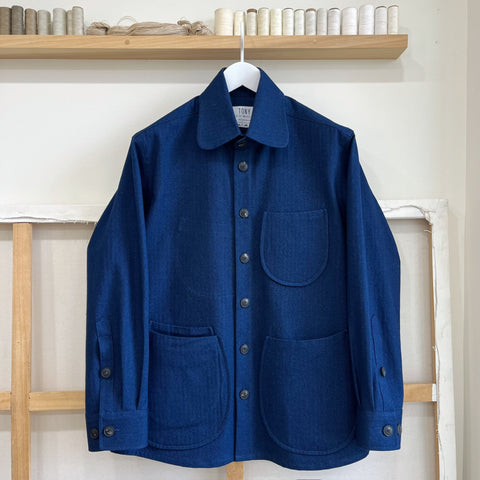 Indigo Cotton Linen Herringbone Twill Chore Coat