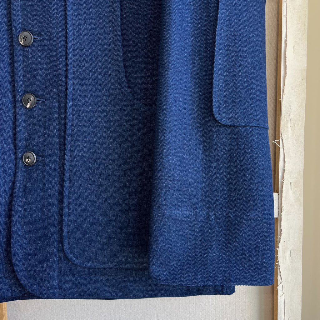 Indigo Cotton and Linen Herringbone Twill Field Jacket