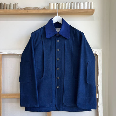 Indigo Cotton and Linen Herringbone Twill Field Jacket