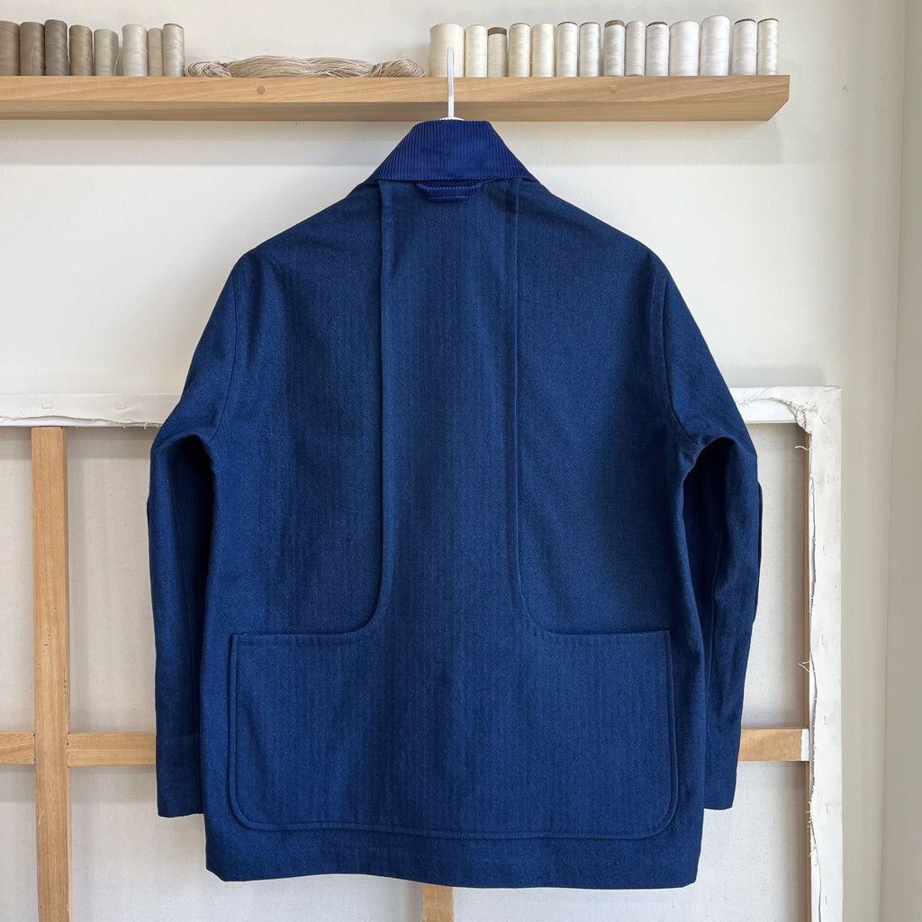 Indigo Cotton and Linen Herringbone Twill Field Jacket