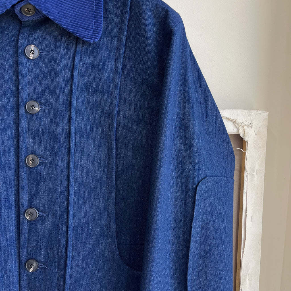 Indigo Cotton and Linen Herringbone Twill Field Jacket