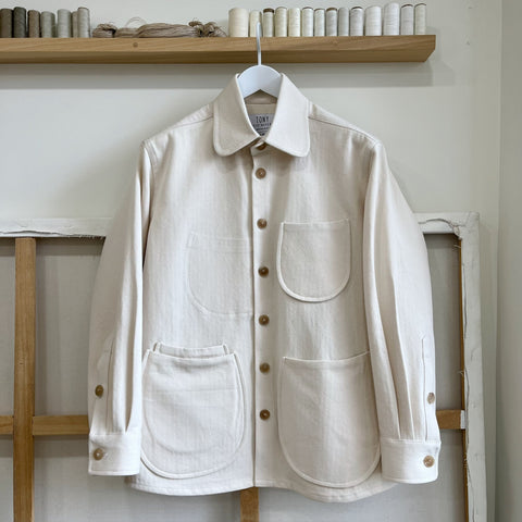 Cream Cotton Linen Herringbone Twill Chore Coat