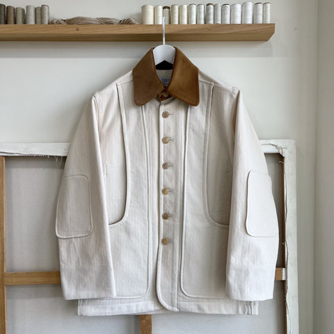 Cream Cotton and Linen Herringbone Twill Field Jacket
