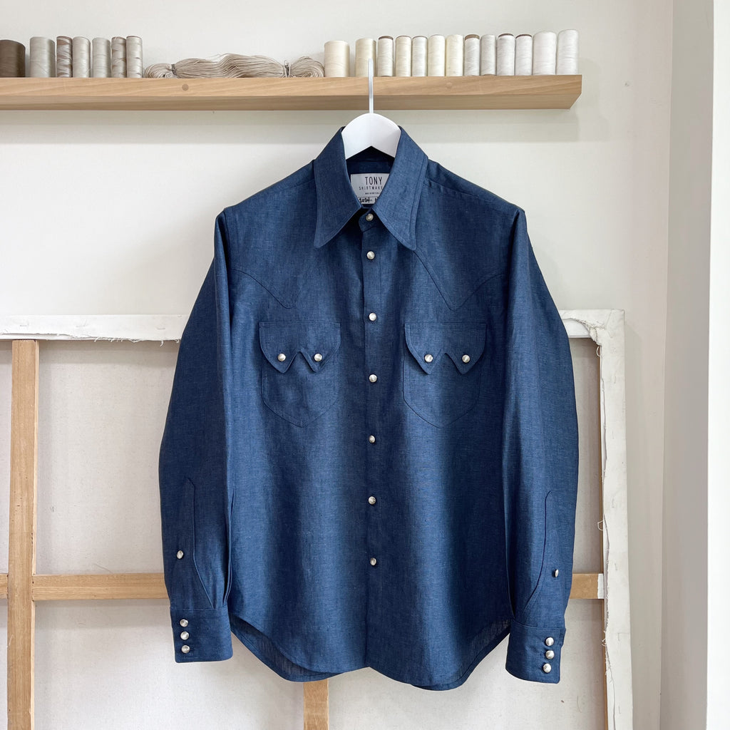 Denim Blue Chambray Linen Sawtooth Western Shirt TONY SHIRTMAKERS Denim Blue Chambray Linen Sawtooth Western Shirt TONY SHIRTMAKERS
